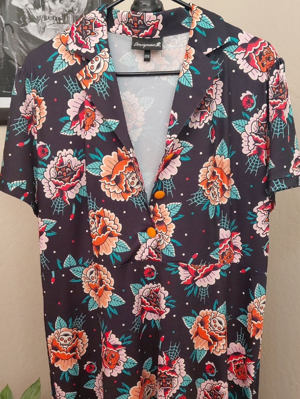 Sourpuss Black XXX Button-Up Dress with Teal and Orange Floral Skulls